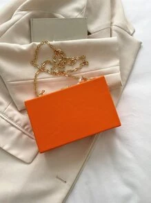 1pc Women's Fashionable Orange Faux Pearl Handle Small Square Bag With Chain Strap, Rose Red Pu Box Shaped Bag, Embossed Letter Design With Lock Closure, Suitable For Gift - Burnt Orange - View 4
