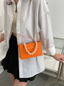 1pc Women's Fashionable Orange Faux Pearl Handle Small Square Bag With Chain Strap, Rose Red Pu Box Shaped Bag, Embossed Letter Design With Lock Closure, Suitable For Gift - Burnt Orange - View 6