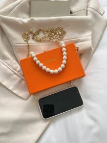 1pc Women's Fashionable Orange Faux Pearl Handle Small Square Bag With Chain Strap, Rose Red Pu Box Shaped Bag, Embossed Letter Design With Lock Closure, Suitable For Gift - Burnt Orange - View 7