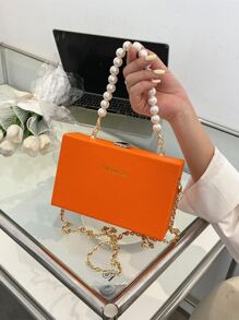 1pc Women's Fashionable Orange Faux Pearl Handle Small Square Bag With Chain Strap, Rose Red Pu Box Shaped Bag, Embossed Letter Design With Lock Closure, Suitable For Gift - Burnt Orange - View 8