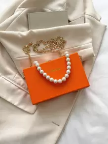 1pc Women's Fashionable Orange Faux Pearl Handle Small Square Bag With Chain Strap, Rose Red Pu Box Shaped Bag, Embossed Letter Design With Lock Closure, Suitable For Gift - Burnt Orange - View 9