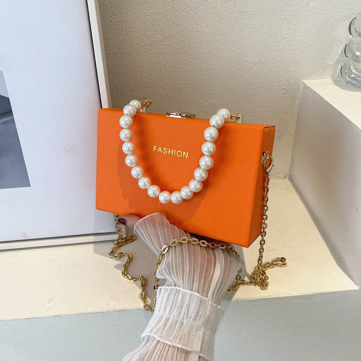 1pc Women's Fashionable Orange Faux Pearl Handle Small Square Bag With Chain Strap, Rose Red Pu Box Shaped Bag, Embossed Letter Design With Lock Closure, Suitable For Gift