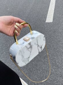 Faux Marble Texture Handbag Box For Women, Mini Handbag With Detachable Metal Chain, Fashion Gift Box Style Bag - White - View 2