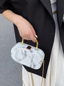 Faux Marble Texture Handbag Box For Women, Mini Handbag With Detachable Metal Chain, Fashion Gift Box Style Bag - White - View 3