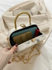 Faux Marble Texture Handbag Box For Women, Mini Handbag With Detachable Metal Chain, Fashion Gift Box Style Bag - White - View 5