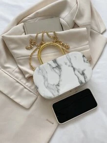 Faux Marble Texture Handbag Box For Women, Mini Handbag With Detachable Metal Chain, Fashion Gift Box Style Bag - White - View 7