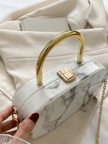 Faux Marble Texture Handbag Box For Women, Mini Handbag With Detachable Metal Chain, Fashion Gift Box Style Bag - White - View 8