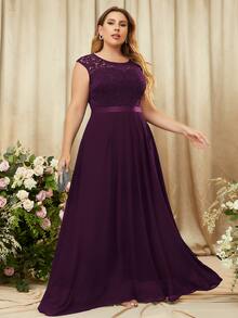 MIUSOL Plus Contrast Floral Lace Chiffon Zip Back Party Maxi Formal Dress - Maroon - View 3