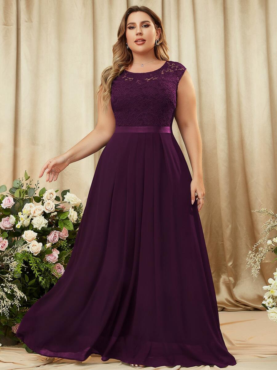 MIUSOL Plus Contrast Floral Lace Chiffon Zip Back Party Maxi Formal Dress - Maroon - View 1