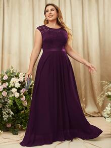 MIUSOL Plus Contrast Floral Lace Chiffon Zip Back Party Maxi Formal Dress - Maroon - View 6