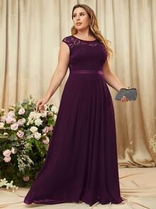 MIUSOL Plus Contrast Floral Lace Chiffon Zip Back Party Maxi Formal Dress - Maroon - View 5