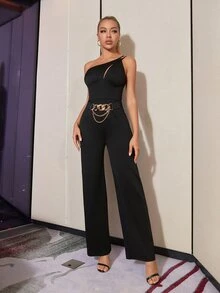 One Shoulder Cut Out Jumpsuit Without Belt - Black - View 4