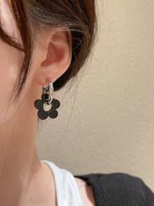 Flower Drop Earrings - Black - View 1