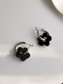 Flower Drop Earrings - Black - View 2