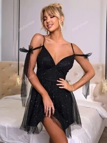 Joyfunear Knot Detail Cold Shoulder Ruched Mesh Overlay Dress