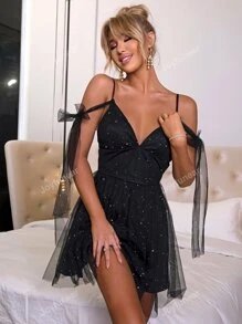 Joyfunear Knot Detail Cold Shoulder Ruched Mesh Overlay Dress