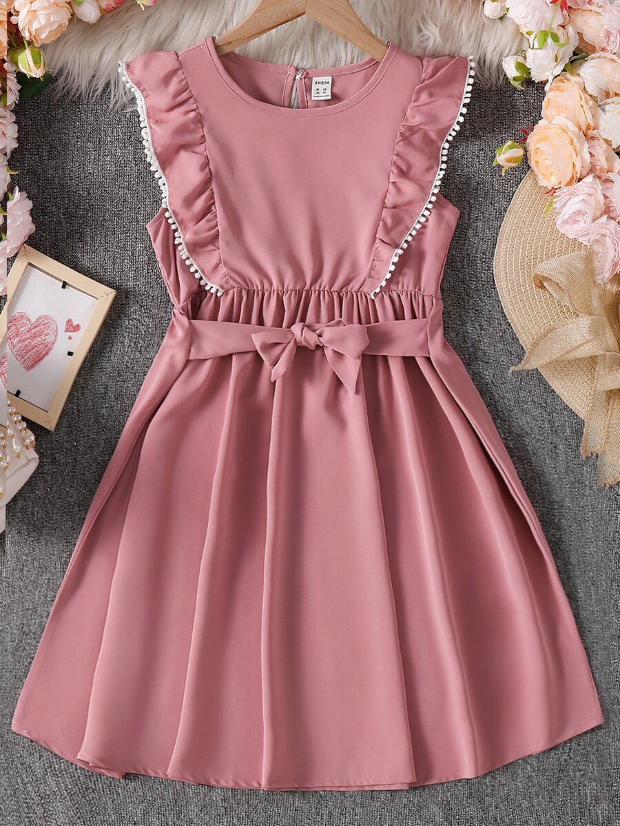 Girls 1pc Ruffle Trim Keyhole Back Tie Front Dress - Dusty Pink - View 1