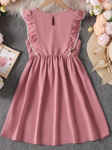 Girls 1pc Ruffle Trim Keyhole Back Tie Front Dress - Dusty Pink - View 2