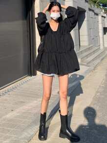 DAZY Blusa con volantes en el bajo, top de manga larga para otoño