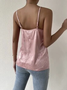 SHEIN LUNE 花卉圖案提花蕾絲拼接緞面吊帶上衣 - 藕粉色 - 查看 2