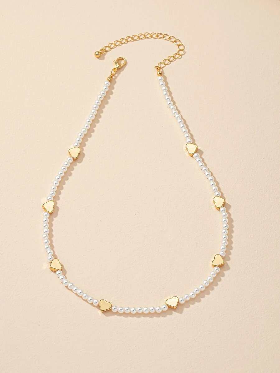 Heart & Faux Pearl Decor Necklace Valentines,Mom,Mother,Mother's Day,Gift - Multicolor - View 1