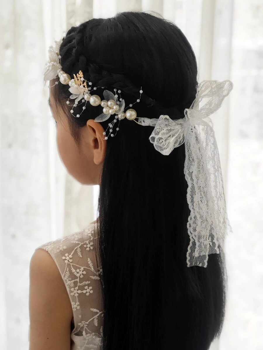 1入珍珠花卉女孩舞臺表演、婚禮或假日用頭帶，帶蕾絲，與正式服裝完美搭配