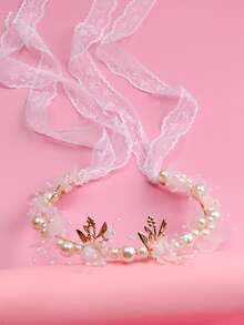 1入珍珠花卉女孩舞臺表演、婚禮或假日用頭帶，帶蕾絲，與正式服裝完美搭配