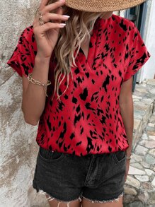 SHEIN LUNE Blusa con estampado de cuello de muesca de manga murciélago - Rojo - Ver 5