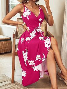 SHEIN VCAY Vestido cruzado con estampado floral ribete con fruncido con cordón lateral - Rosa Fucsia - Ver 6