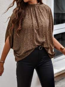 SHEIN Clasi 斑點印花後綁帶蝙蝠袖襯衫