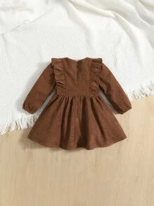 SHEIN Baby Ruffle Trim Round Neck Dress - Coffee Brown - View 2