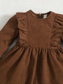 SHEIN Baby Ruffle Trim Round Neck Dress - Coffee Brown - View 3
