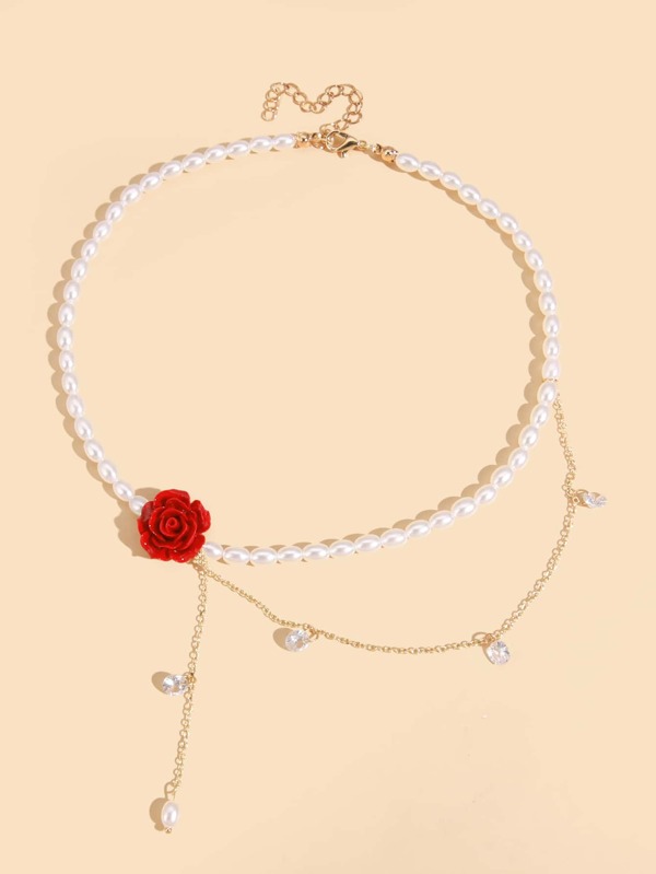Fashionable Faux Pearl Beaded Flower Chest Chain