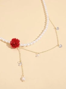 人造珍珠和花朵吊坠 Y 形套索项链 情人节、妈妈、母亲、母亲节、礼物