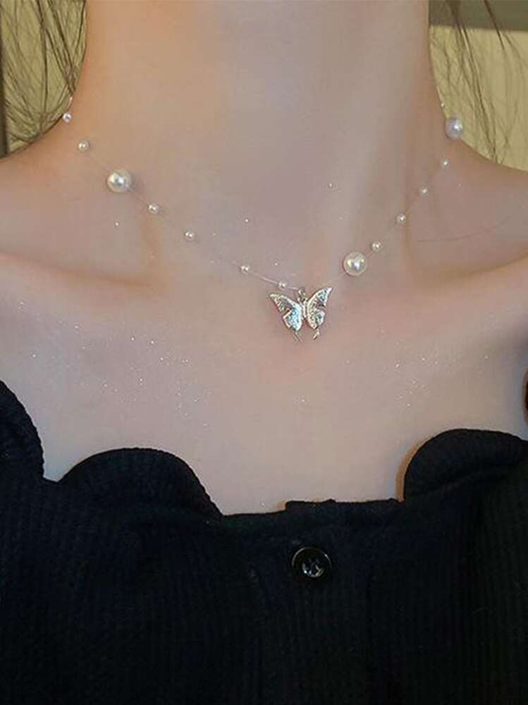 Collar De Colgante De Mariposa Con Decoración De Perlas Sintéticas - Multicolor - Añade 1