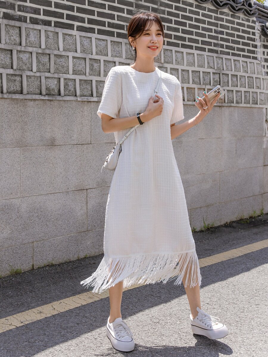 DAZY Zip Back Fringe Hem Tweed Dress - White - View 1