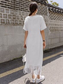 DAZY Zip Back Fringe Hem Tweed Dress - White - View 2