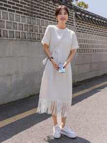 DAZY Zip Back Fringe Hem Tweed Dress - White - View 3