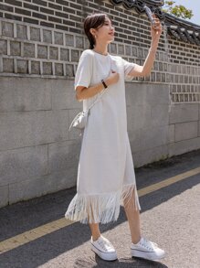 DAZY Zip Back Fringe Hem Tweed Dress - White - View 4