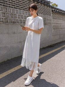 DAZY Zip Back Fringe Hem Tweed Dress - White - View 5