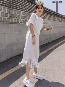 DAZY Zip Back Fringe Hem Tweed Dress - White - View 7