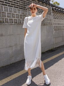 DAZY Zip Back Fringe Hem Tweed Dress - White - View 8