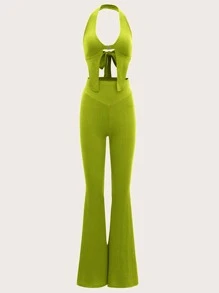SHEIN ICON 90s Dopamine Dressing Tie Back Halter Top & Flared Leg Pants - Lime Green - View 1