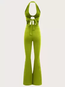 SHEIN ICON 90s Dopamine Dressing Tie Back Halter Top & Flared Leg Pants - Lime Green - View 2