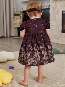 嬰兒印花褶邊泡泡袖洋裝和短褲和頭巾