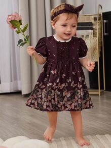 嬰兒印花褶邊泡泡袖洋裝和短褲和頭巾