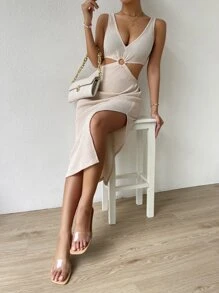 Breezaya Cut Out Split Thigh Dress Maxi Vacation Beach Outfits Women - Apricot - View 3