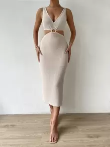 Breezaya Cut Out Split Thigh Dress Maxi Vacation Beach Outfits Women - Apricot - View 6