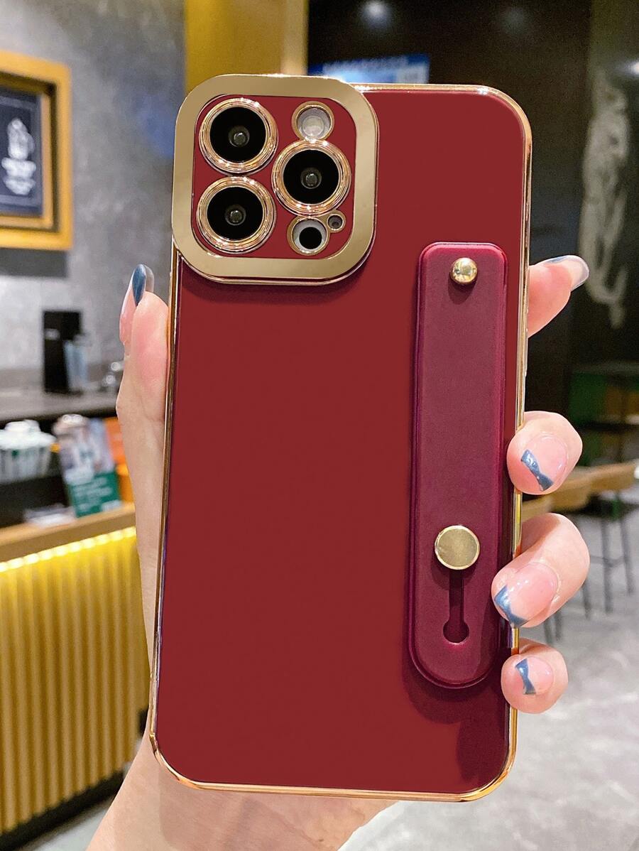 1件防震商務時尚的天使眼設計純色手機殼,附帶手繩,適用於蘋果手機 - 酒紅色 - 查看 1