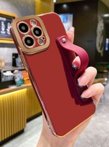 1件防震商務時尚的天使眼設計純色手機殼,附帶手繩,適用於蘋果手機 - 酒紅色 - 查看 2